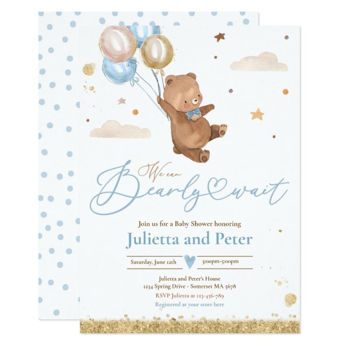 Teddy Bear We Can Bearly Wait Boy Baby Shower Invitation
