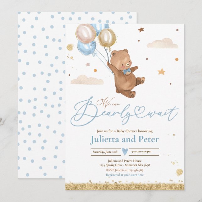Teddy Bear We Can Bearly Wait Boy Baby Shower Invitation (Front/Back)