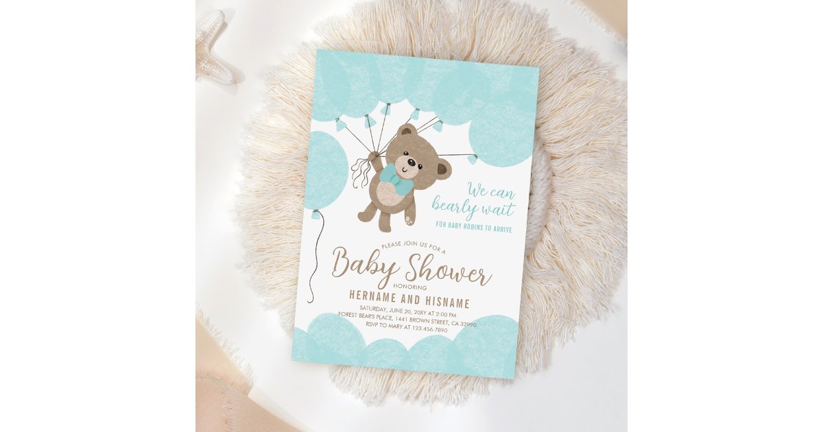 Teddy Bear We Can Bearly Wait Boy Blue Baby Shower Invitation | Zazzle