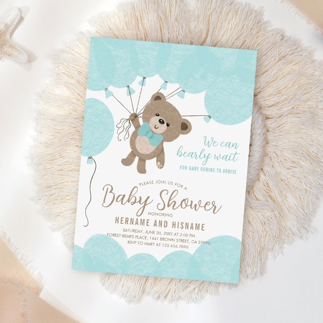 Teddy Bear We Can Bearly Wait Boy Blue Baby Shower Invitation (Creator Uploaded)