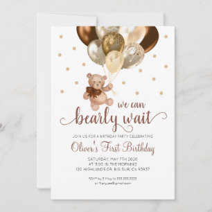 Teddy Bear We Can Bearly Wait First Birthday Invitation