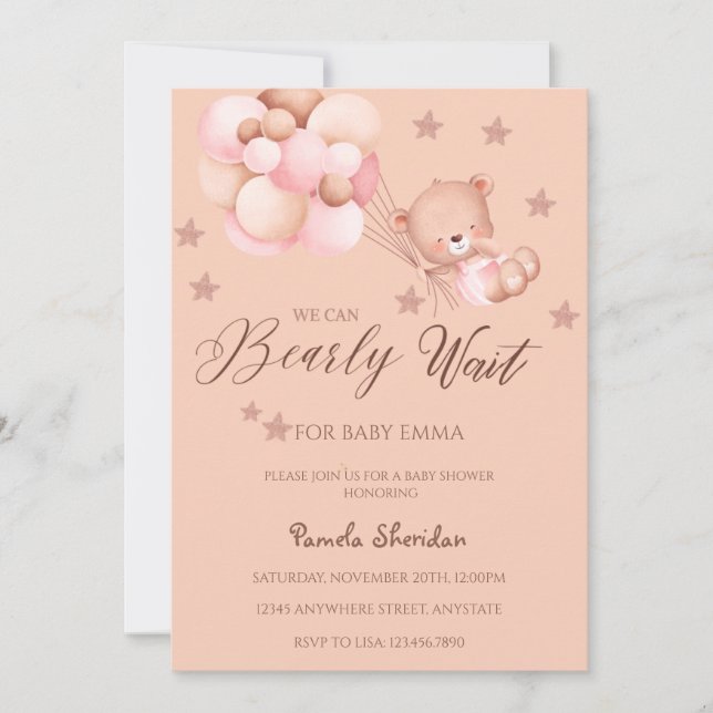 Teddy Bear We Can Bearly Wait Girl Baby Shower Inv Invitation (Front)