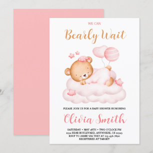 Teddy Bear We Can Bearly Wait Girl Baby Shower  Invitation