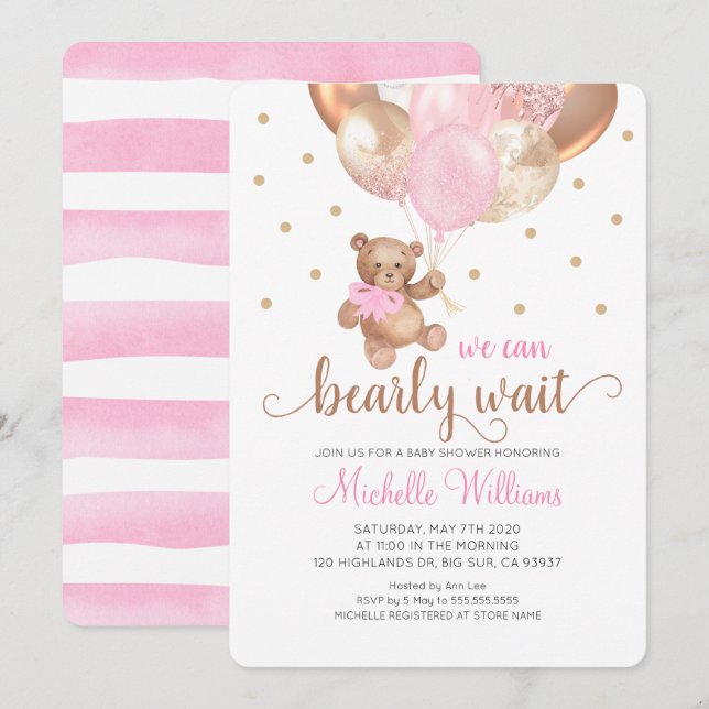 Teddy Bear We Can Bearly Wait Girl Baby Shower Invitation (Front/Back)