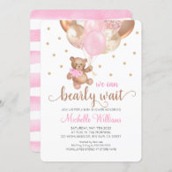 Teddy Bear We Can Bearly Wait Girl Baby Shower Invitation