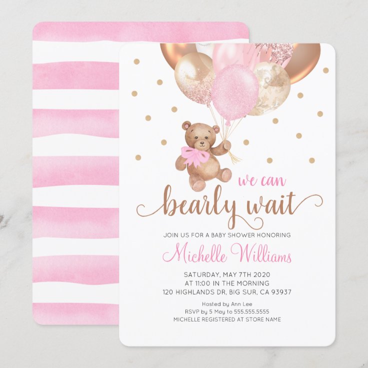 Teddy Bear We Can Bearly Wait Girl Baby Shower Invitation Zazzle