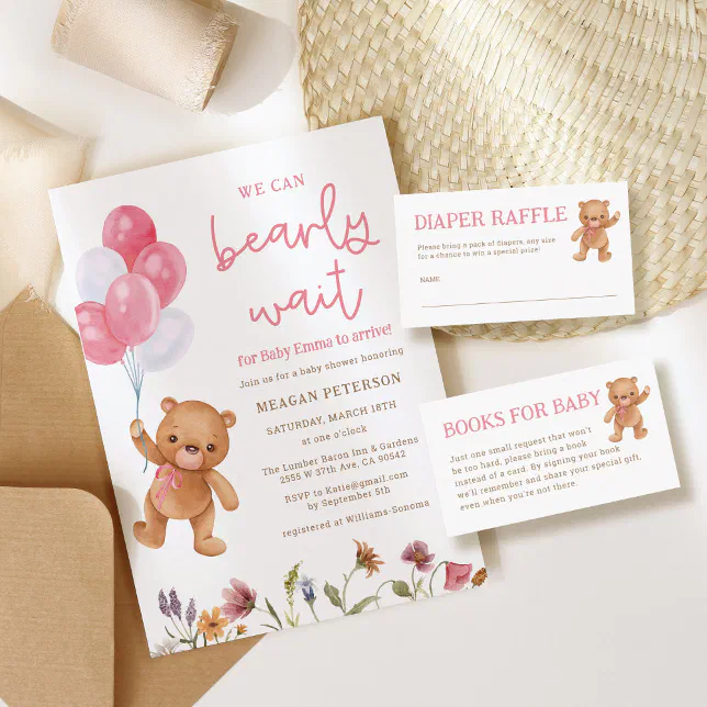 Teddy Bear We Can Bearly Wait Girl Baby Shower Invitation | Zazzle