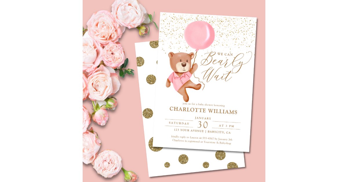 Teddy Bear We Can Bearly Wait Girl Baby Shower Invitation | Zazzle