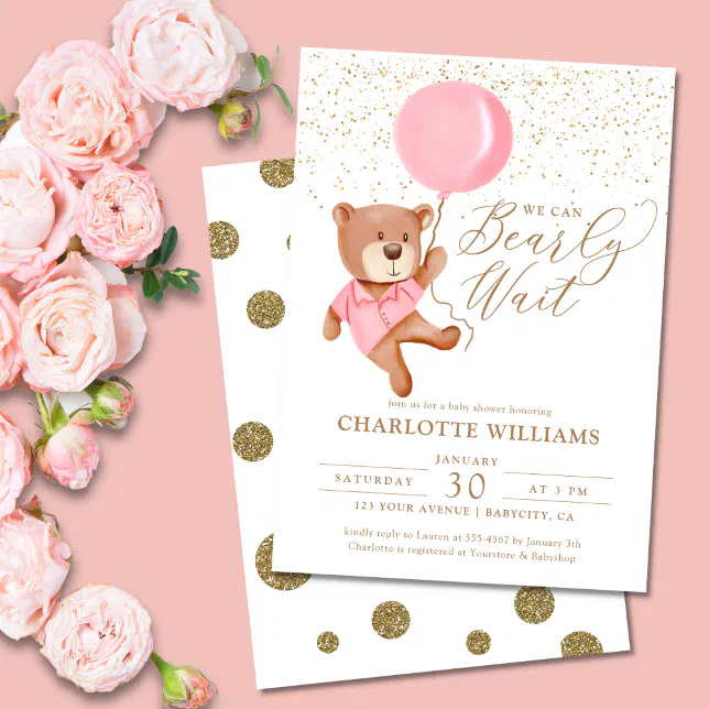 Teddy Bear We Can Bearly Wait Girl Baby Shower Invitation | Zazzle