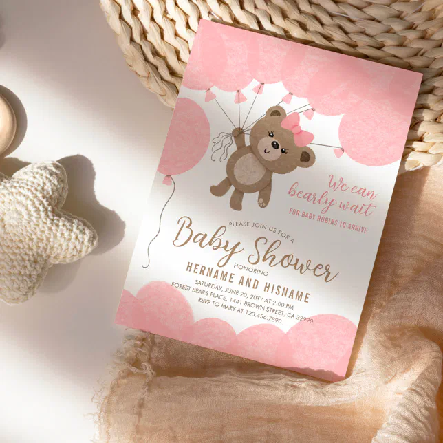 Teddy Bear We Can Bearly Wait Girl Baby Shower Invitation | Zazzle