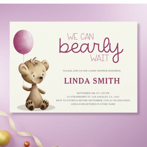 Teddy Bear We Can Bearly Wait Girl Baby Shower Invitation