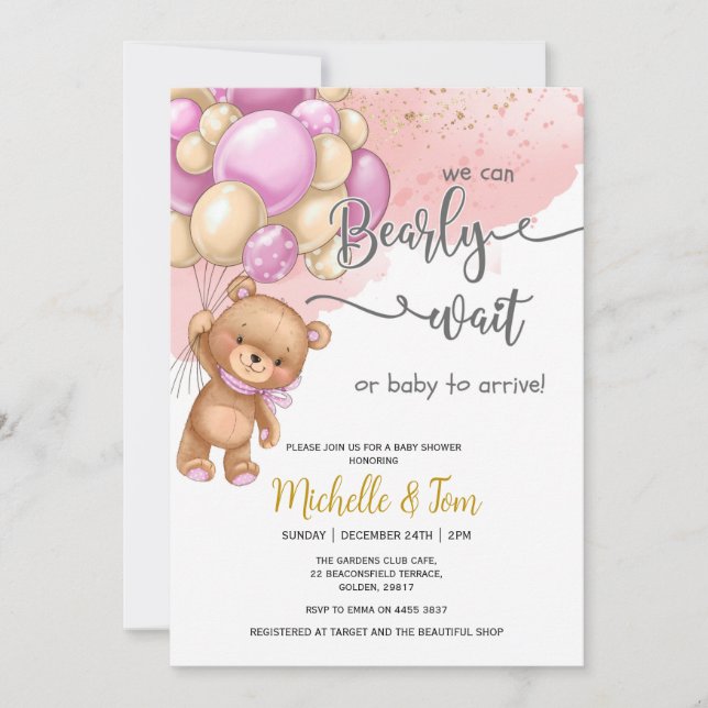 Teddy Bear We Can Bearly Wait Girl Baby Shower Invitation (Front)
