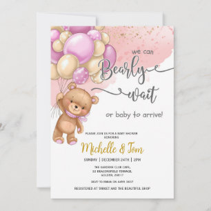 Teddy Bear We Can Bearly Wait Girl Baby Shower Invitation
