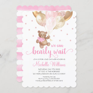 Teddy Bear We Can Bearly Wait Girl Baby Shower Invitation