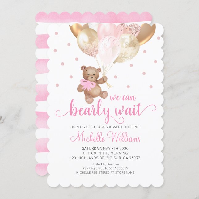 Teddy Bear We Can Bearly Wait Girl Baby Shower Invitation (Front/Back)