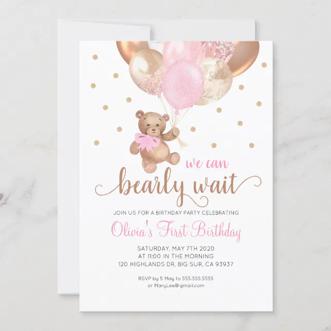 Teddy Bear We Can Bearly Wait Girl First Birthday Invitation 