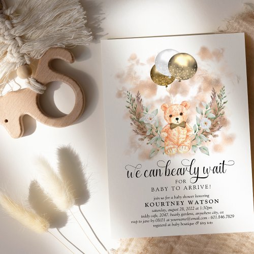 Teddy Bear we can bearly wait Neutral Baby Shower Invitation