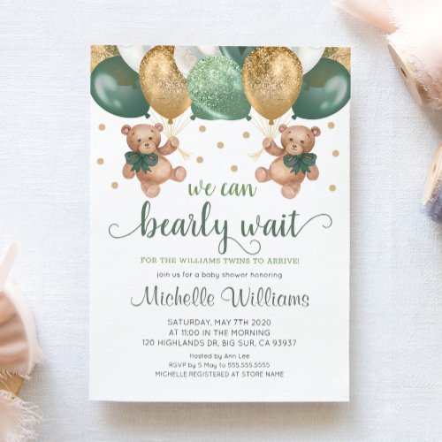 Teddy Bear We Can Bearly Wait Twins Baby Shower Invitation
