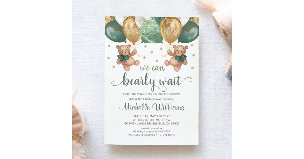 Teddy Bear We Can Bearly Wait Twins Baby Shower Invitation | Zazzle