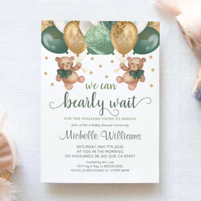 Teddy Bear We Can Bearly Wait Twins Baby Shower Invitation | Zazzle