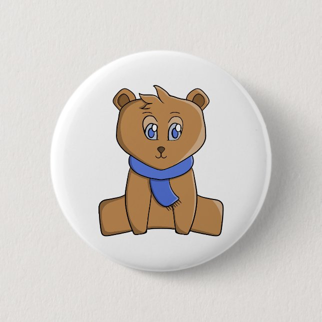 Teddy bear wearing a blue scarf button (Front)
