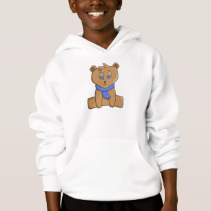 Teddy bear wearing a blue scarf hoodie