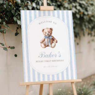 Teddy Bear Welcome Sign, Blue Grandmillennial Boy  Foam Board