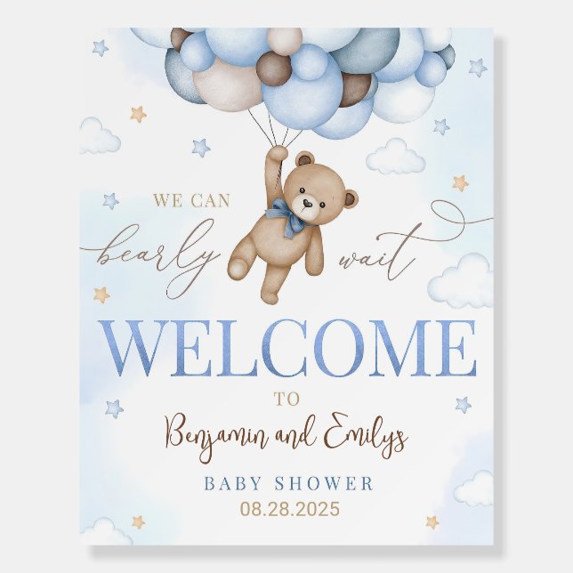 Teddy Bear Welcome Sign We Can Bearly Wait Boy Bab (Front)