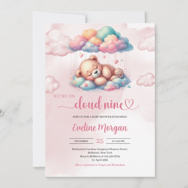 Teddy bear we're on cloud nine girl baby shower invitation (Front)