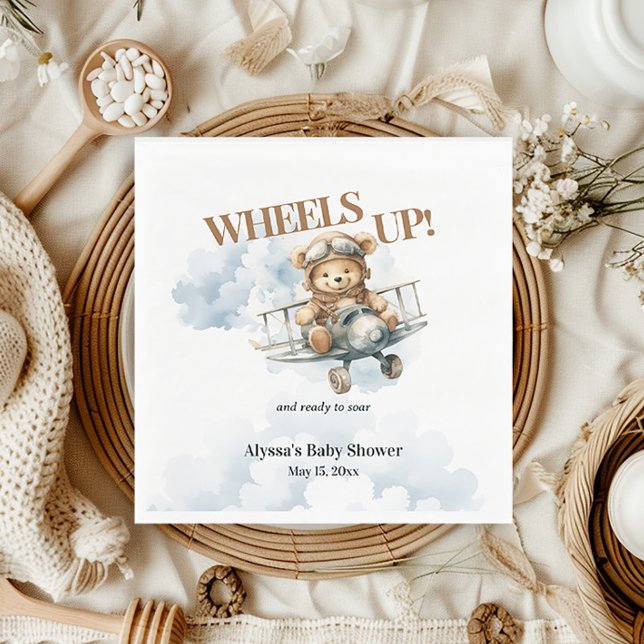 Teddy Bear Wheels Up Little Co Pilot Napkins (Wheels Up/Teddy Bear Little Co-Pilot baby shower paper napkins)