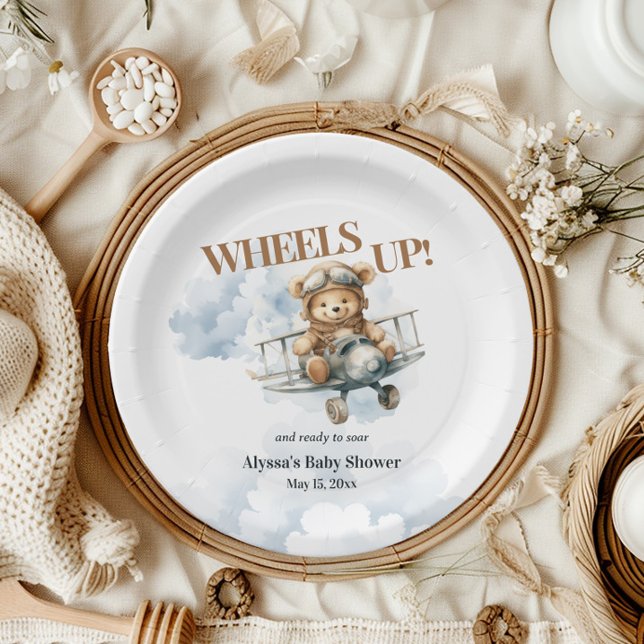 Teddy Bear Wheels Up Little Co Pilot Paper Plates (Wheels Up Little Co-Pilot Teddy Bear baby shower paper plate)