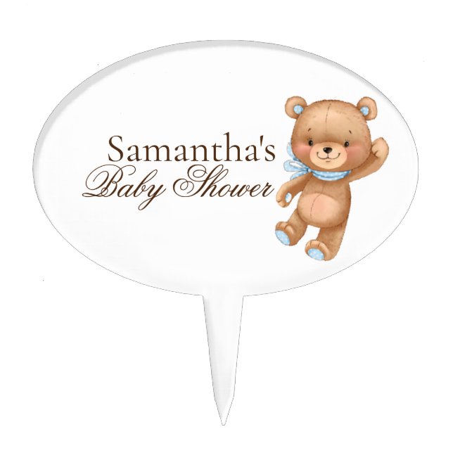 Teddy Bear White Blue Baby Shower Cake Topper (Front)
