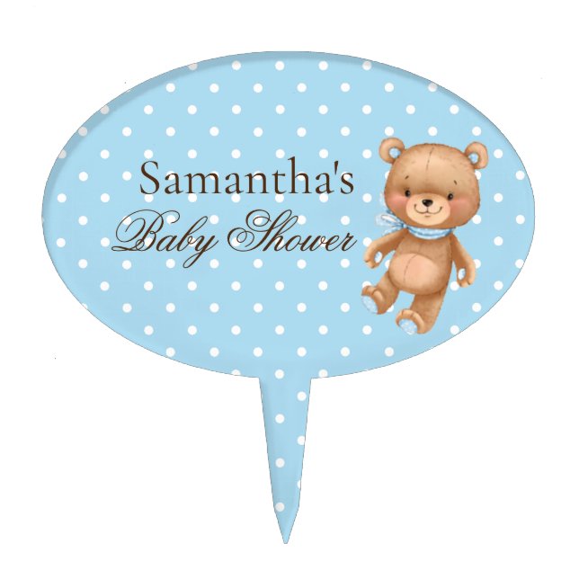 Teddy Bear White Dots Blue Baby Shower Cake Topper (Front)