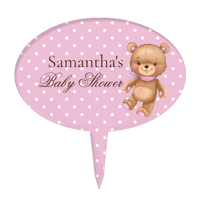 Teddy Bear White Dots Pink Baby Shower Cake Topper (Front)