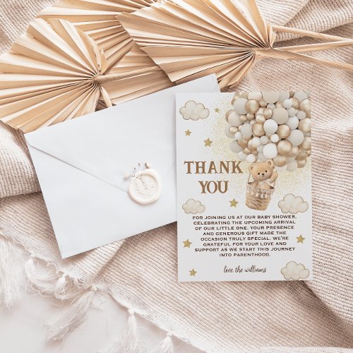 Teddy bear White Gold Balloons Baby Shower Thank You Card