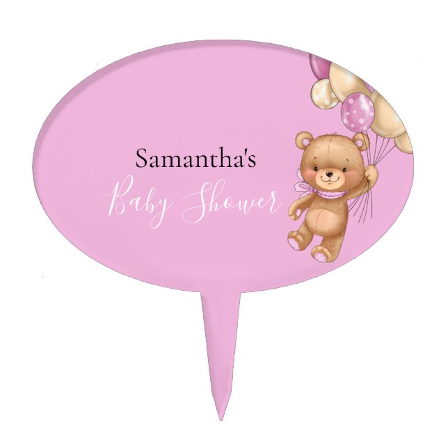 Teddy Bear White Pink Baby Shower  Cake Topper (Front)