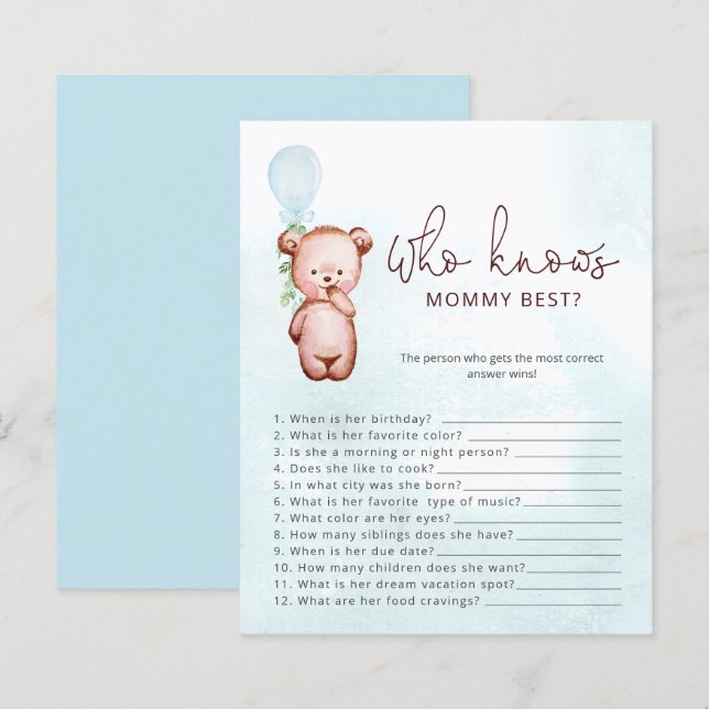 Teddy Bear Who Know Mommy Best Baby Shower Game (Front/Back)
