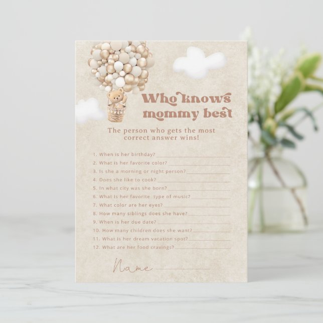 Teddy Bear Who Knows Mommy Best Baby Shower Game Invitation (Standing Front)