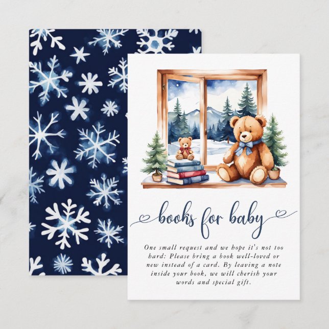 Teddy Bear Winter Boy Baby Shower Books For Baby Enclosure Card (Front/Back)