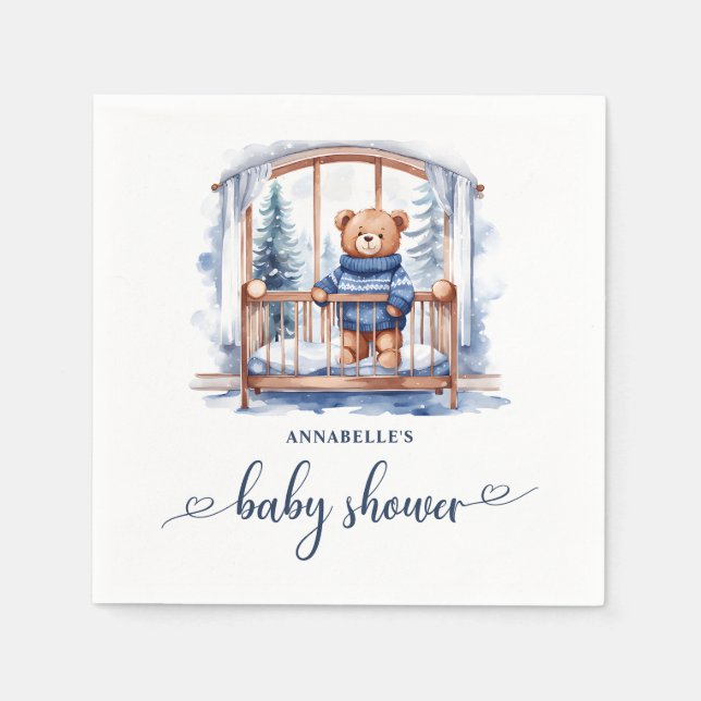 Teddy Bear Winter Boy Baby Shower  Napkins (Front)