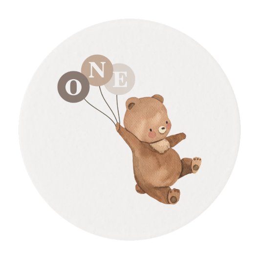 Teddy Bear with 3 Brown Balloons Edible Frosting Rounds (Front)