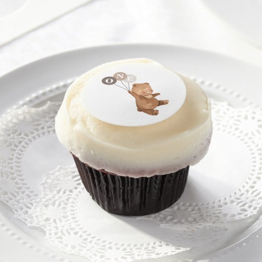 Teddy Bear with 3 Brown Balloons Edible Frosting Rounds (Cupcake)