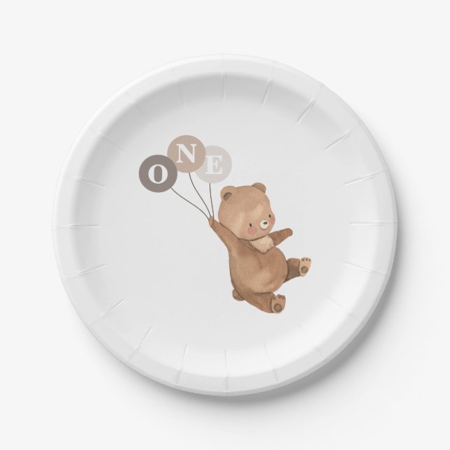 Teddy Bear with 3 Brown Balloons Paper Plates (Front)
