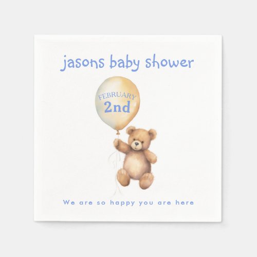 Teddy bear with balloon baby shower napkin