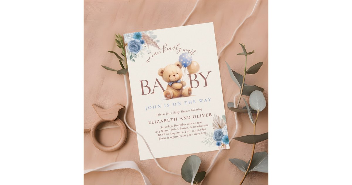 Teddy Bear With Balloon Boho Blue Rose Baby Shower Invitation | Zazzle