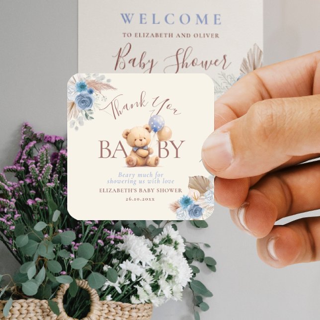 Teddy Bear With Balloon Boho Blue Rose Baby Shower Square Sticker (Creator Uploaded)