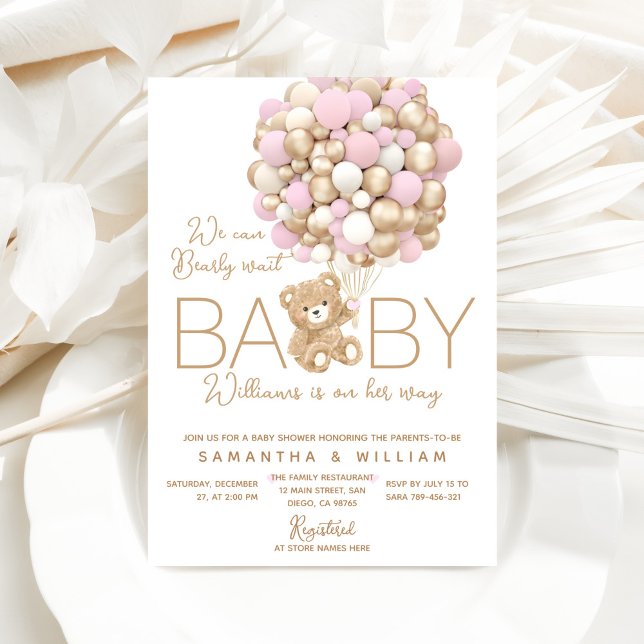 Teddy Bear with Balloon Minimal Baby Girl Shower Invitation (Creator Uploaded)