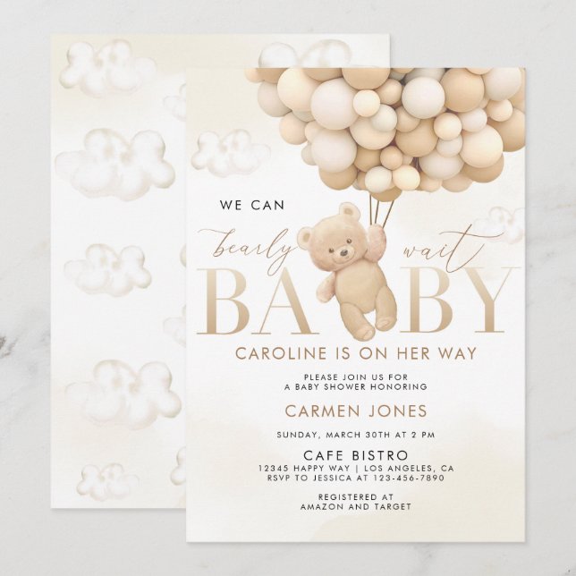 Teddy Bear with Balloons Baby Shower Invitation (Front/Back)