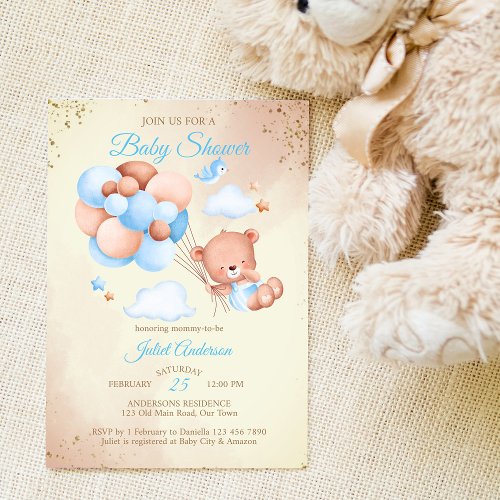 Teddy bear with balloons baby shower invitation