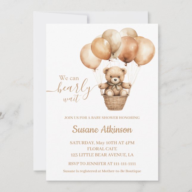 Teddy Bear with Balloons Boho Neutral Baby Shower Invitation (Front)